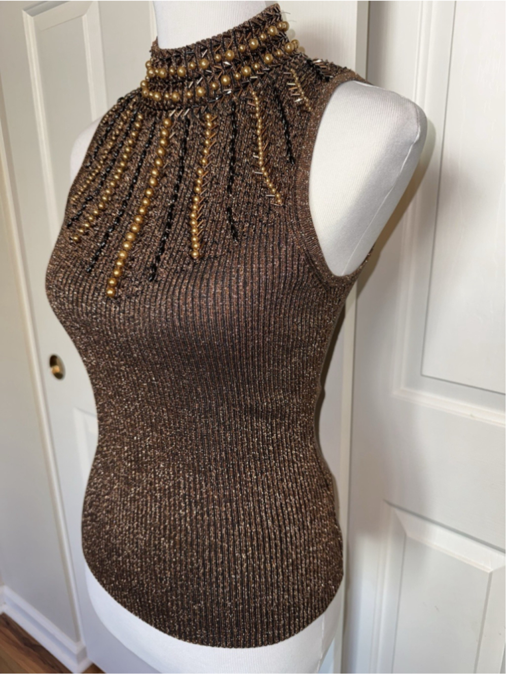 Vintage Cache Y2K Silk Blend Metallic Beaded Mock Neck Top M Party Going Out - Picture 4 of 12